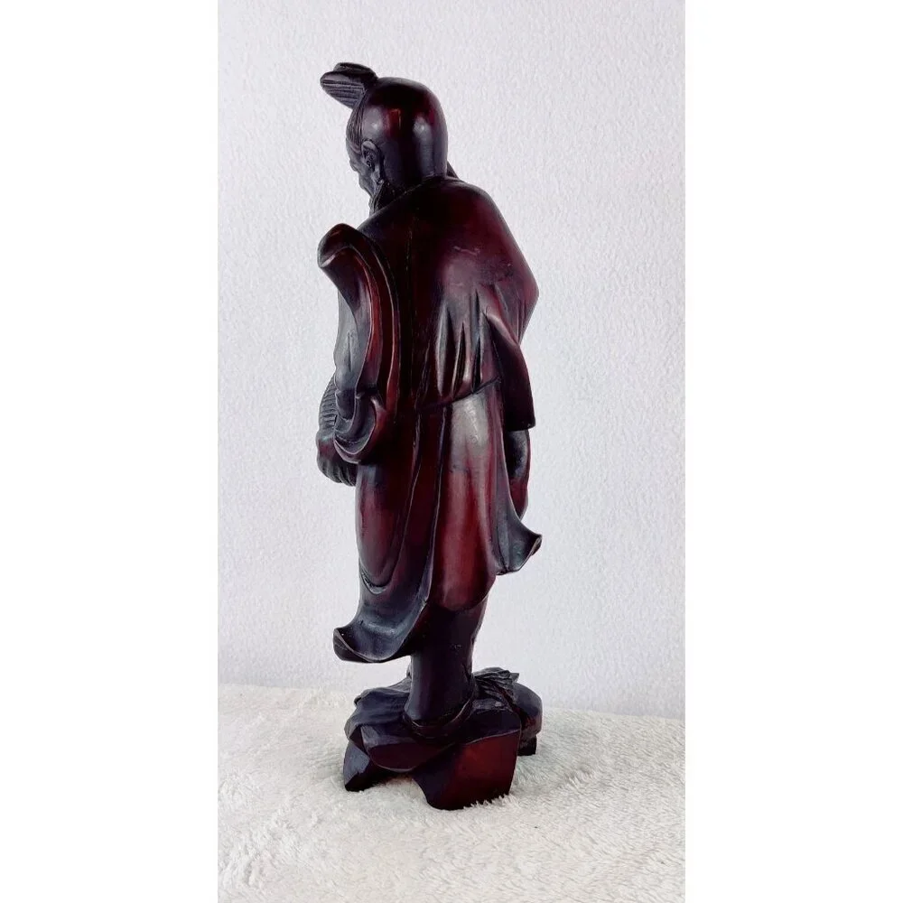 Antique Hand Carved Old Man Fisherman Chinese Figure Rosewood 12.5